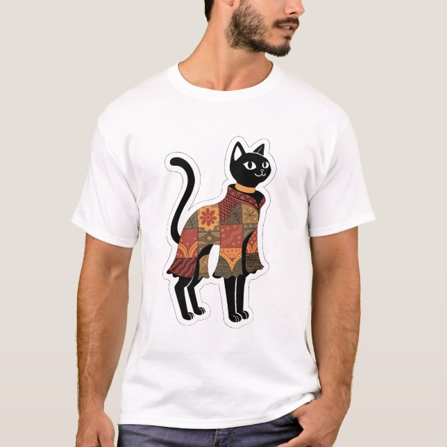 Boho lapptäcke svart kattgrafisk t-shirt (Framsida)
