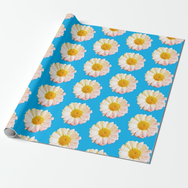 Boho Large Daisy Mönster på Blue Wrapping Papper Presentpapper (Utrullad)