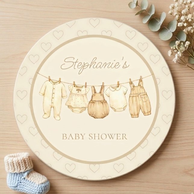 Boho Laundry Line Baby Shower Underlägg Papper Rund (Gender neutral baby shower drink coaster.)
