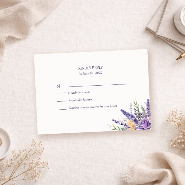 Boho Lavendel Vattenfärg Vildblomma Bröllop OSA Kort (Boho Lavender Watercolor Wildflower Wedding RSVP Card on a neutral table with botanical)
