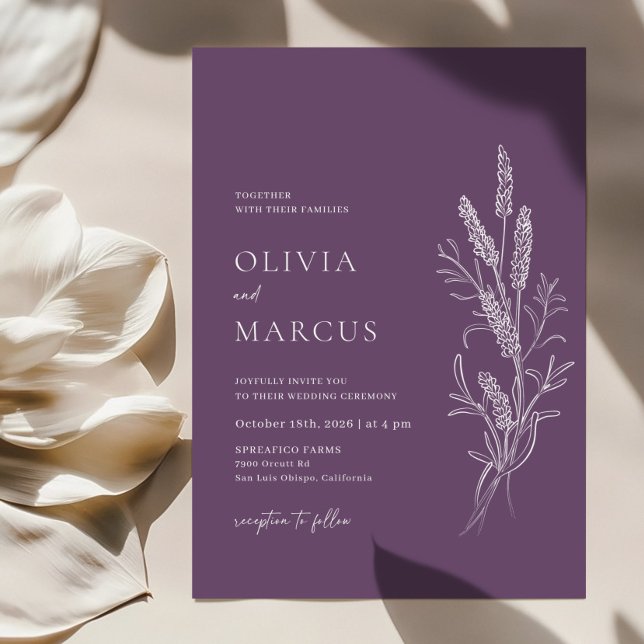 Boho Lavender Blommigt - minimalistisk bröllopsinb Inbjudningar (Lavender Wedding Invitation)