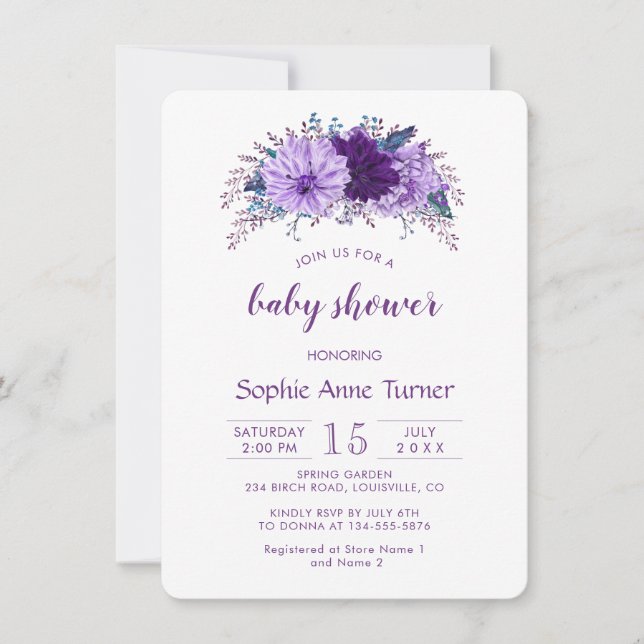 Boho Lavender Blommigt Plum Lila Baby Shower Inbjudningar (Framsida)