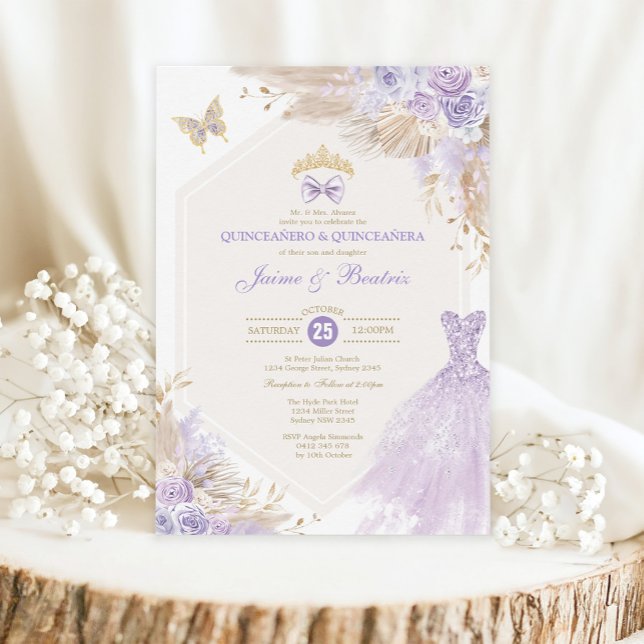Boho Lavender Blommigt Twillingars Boy Girl Quince Inbjudningar (Skapare uppladdad)