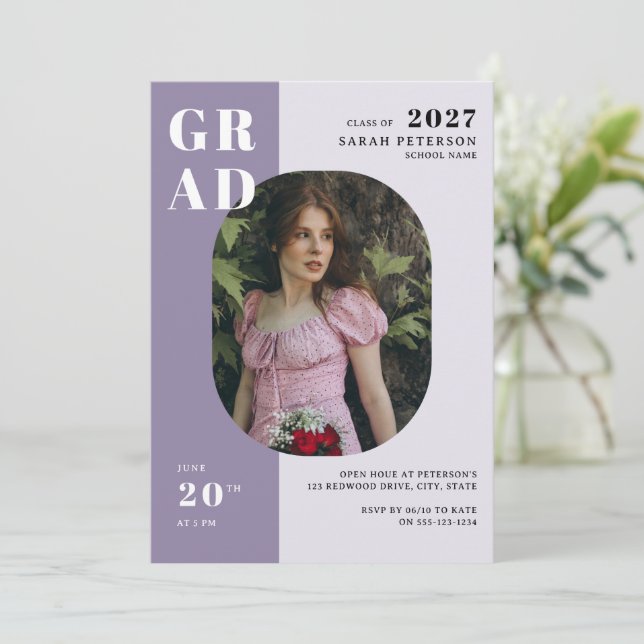 Boho Lavender Fold Typography Photo Studenten Inbjudningar (Stående Fram)