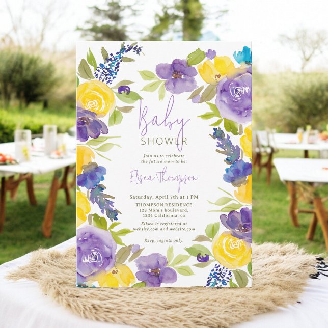 Boho lavender gult blommigt babydusch inbjudningar (Boho lavender yellow floral baby shower invitation)