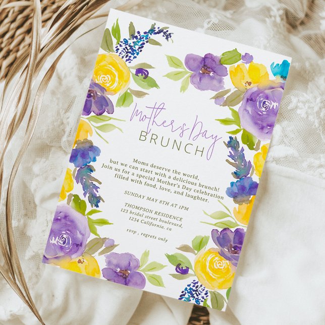 Boho lavender gult blommigt mors dag inbjudningar (Boho lavender yellow floral mother's day invitation)