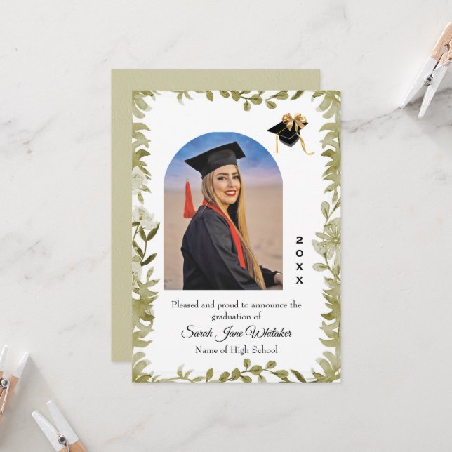 Boho Leaf Border Hi-School Graduation announcement Kort (Fram/Back In Situ)
