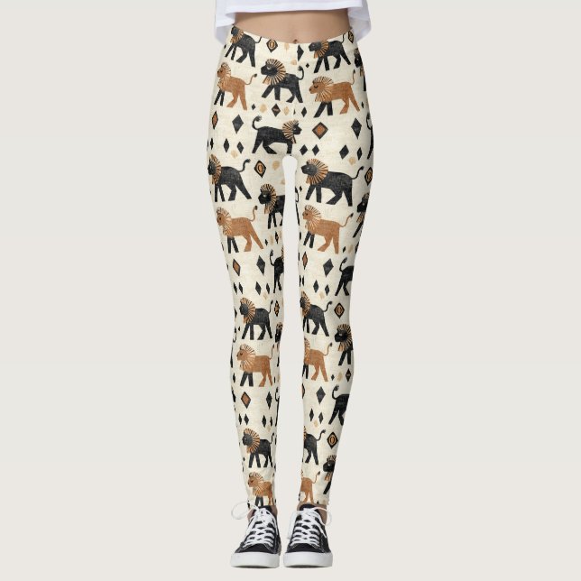 Boho Lejon Tribal Safari Mönster Leggings (Framsida)