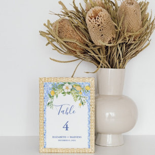 Boho Lemon Blue Mediterranean tile Italiana Bröllo Bordsnummer
