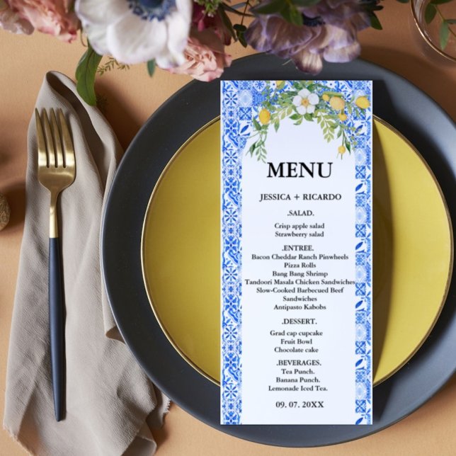 Boho Lemon Blue Mediterranean tile Italiana Bröllo Meny (Skapare uppladdad)