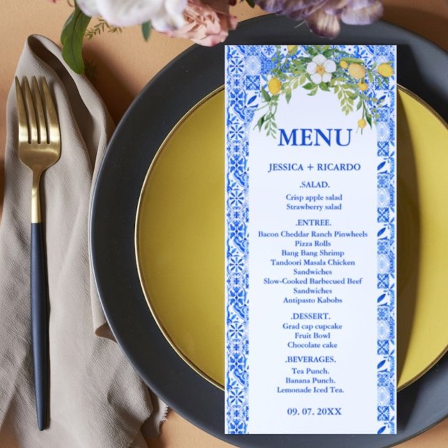 Boho Lemon Blue Mediterranean tile Italiana Bröllo Meny (Skapare uppladdad)
