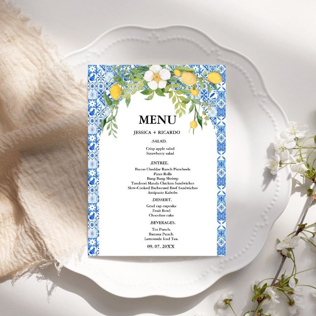Boho Lemon Blue Mediterranean tile Italiana Bröllo Meny (Skapare uppladdad)