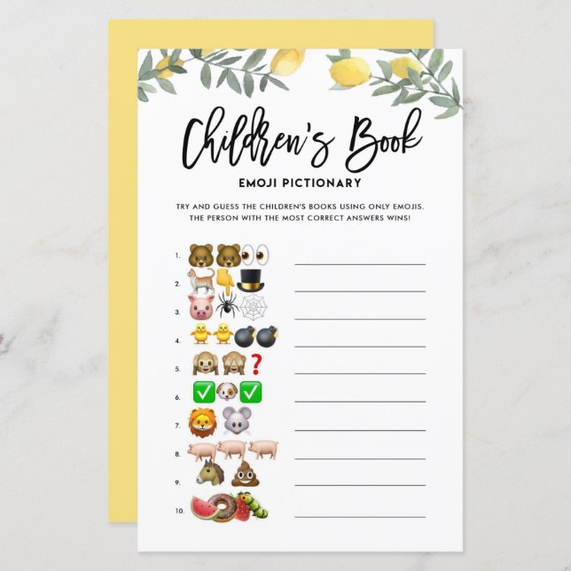 Boho Lemon Emoji Pictionary Bokar Baby Shower Game (Fram/baksida)
