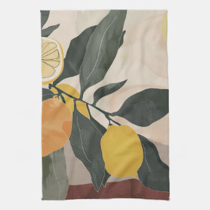 Boho Lemon Gren med Sol Abstrakt Fruit Artwork Kökshandduk