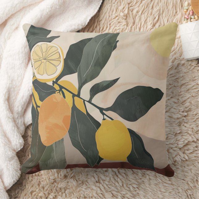 Boho Lemon Gren med Sol Abstrakt Fruit Artwork Kudde (Filt)
