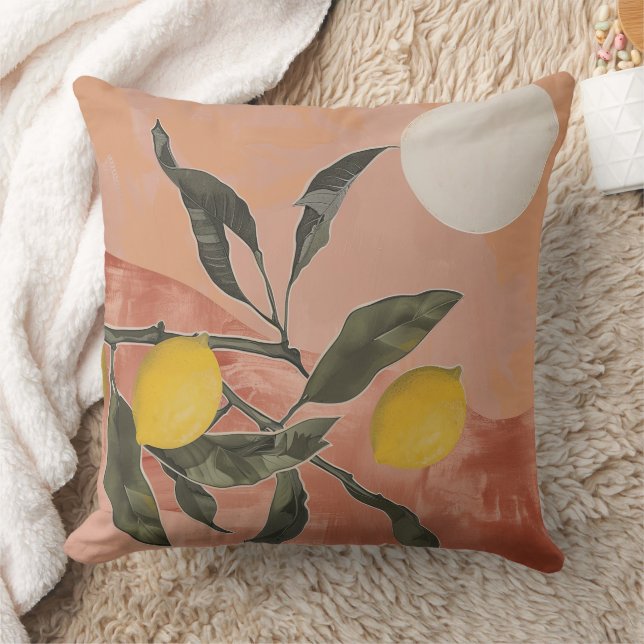 Boho Lemon Gren med Sol minimalistisk Abstrakt (2) Kudde (Filt)
