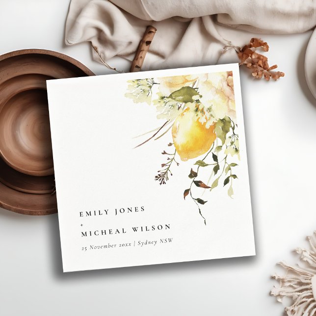 Boho Lemon Gult Watercolor Blommigt Bröllop Pappersservett (Skapare uppladdad)