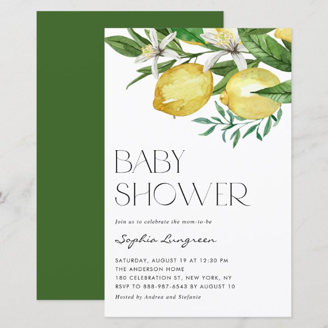 Boho Lemon och Blooms Baby Shower-inbjudan (Fram/baksida)