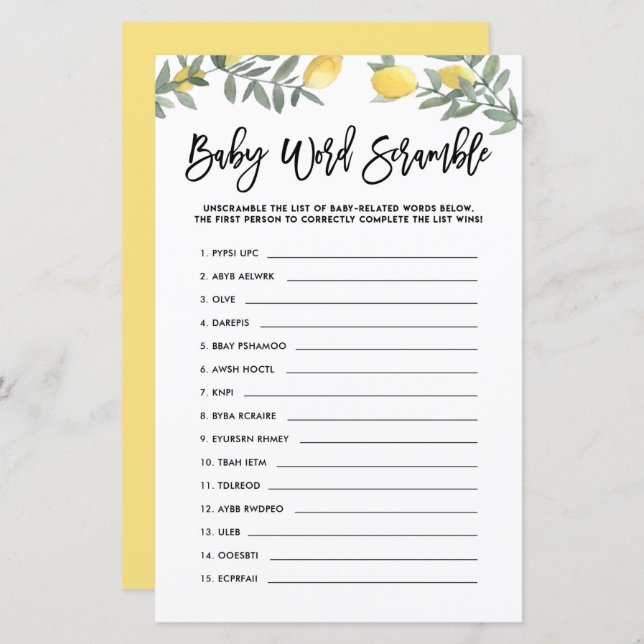 Boho Lemon Ord Scramble Baby Shower Game (Fram/baksida)