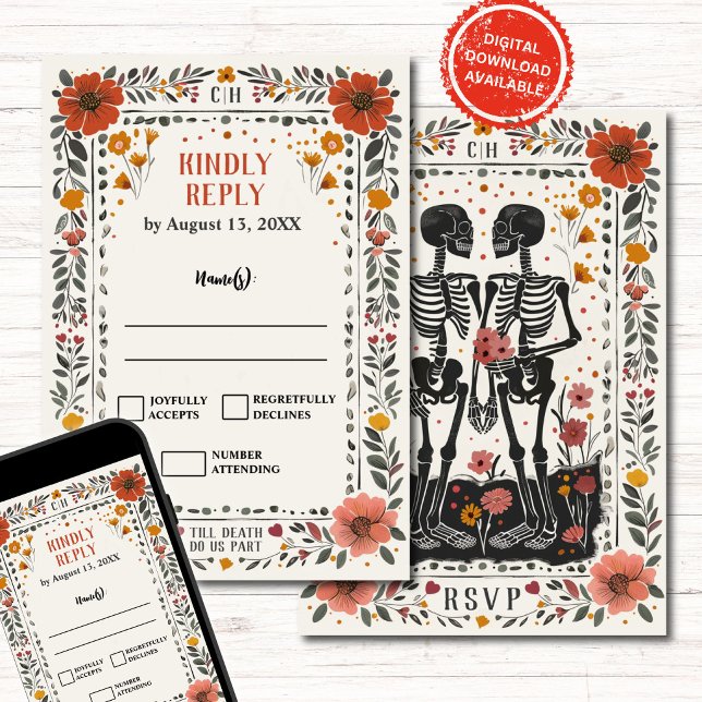 Boho Letterpress Style Skeleton Tarot Wedding RSVP Inbjudningar (Skapare uppladdad)