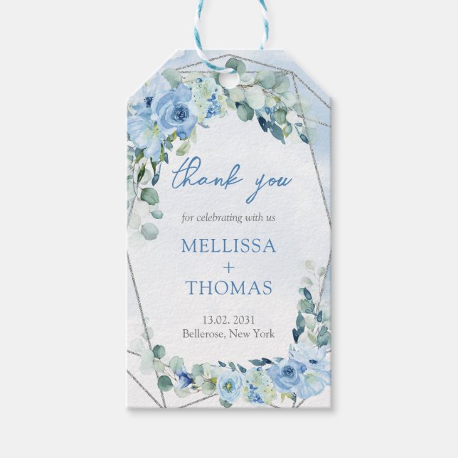 Boho light blåa blommor eucalyptus silver ram presentetikett (Framsidan)