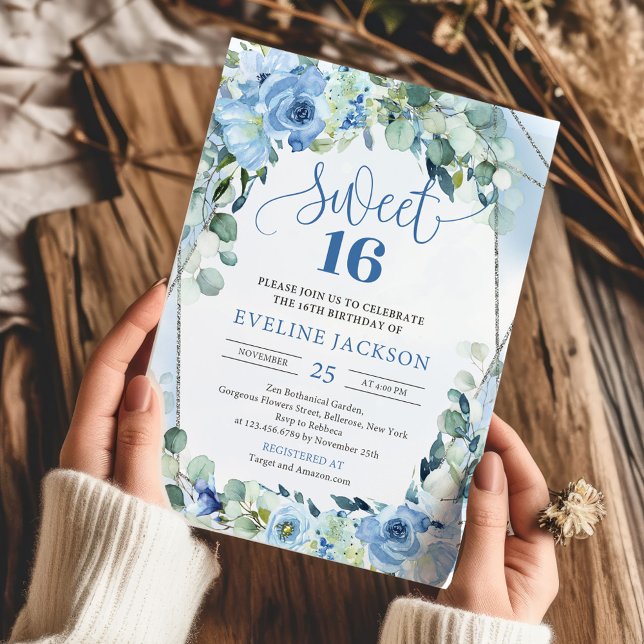 Boho light blåa blommor eucalyptus silver (söt) 16 inbjudningar (elegant watercolor blue flowers sage eucalyptus silver frame sweet 16 invitation)