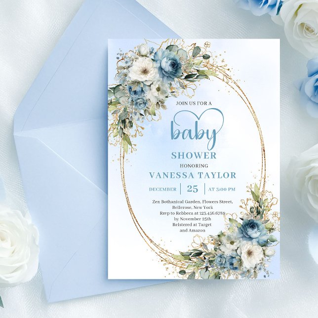 Boho Light Blue Floral Greenery Baby Shower Invite Inbjudningar (Boho Light Blue Floral Greenery Baby Shower Invite.....)