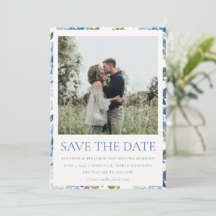 Boho Light Blue Watercolor Blommigt Photo Bröllop Spara Datumet