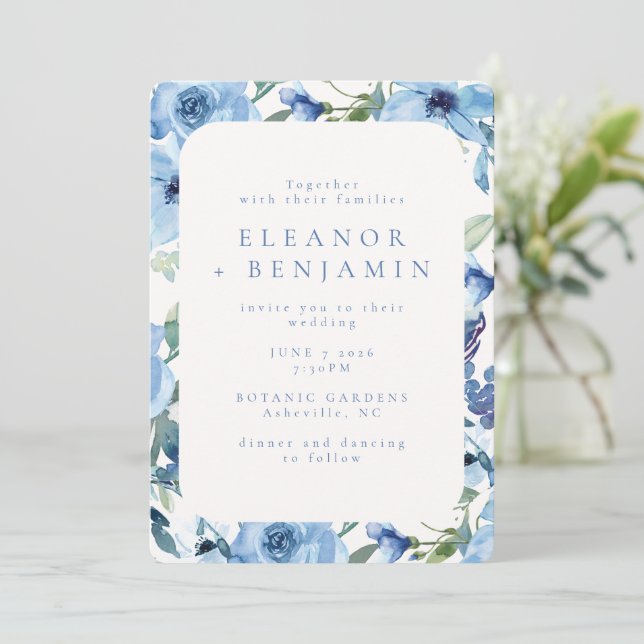 Boho Light Blue Watercolor Flowers Bröllop Inbjudningar (Stående Fram)