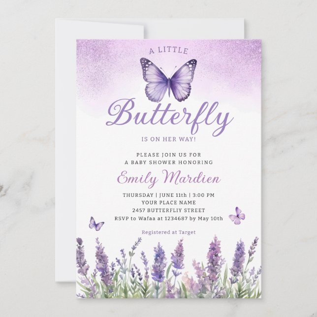 Boho Lila A Little Butterfly Girl Baby Shower Inbjudningar (Framsida)