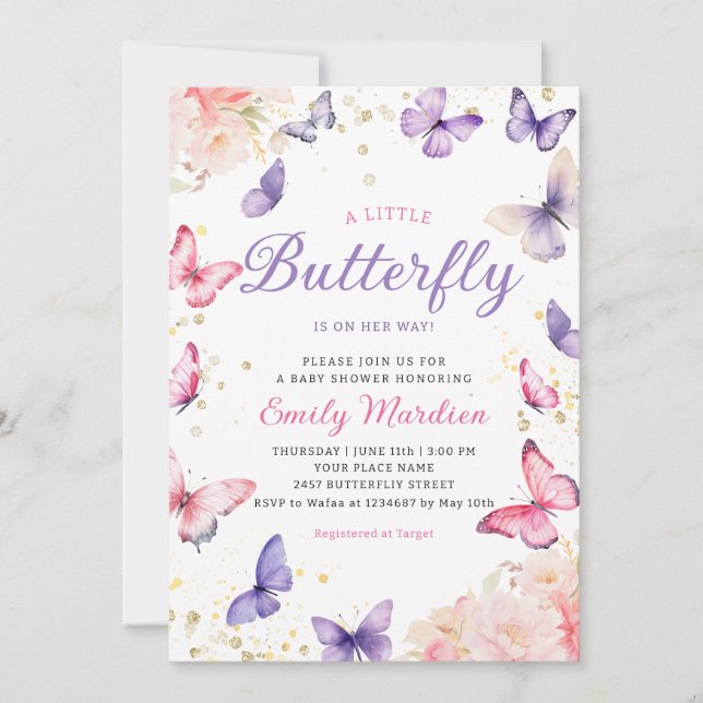 Boho Lila A Little Butterfly Girl Baby Shower Inbjudningar (Framsida)