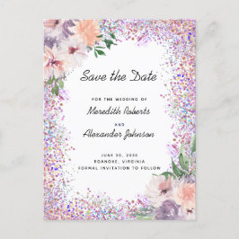 Boho lila aprikos blommig glitter Save the Date-in Meddelande Vykort