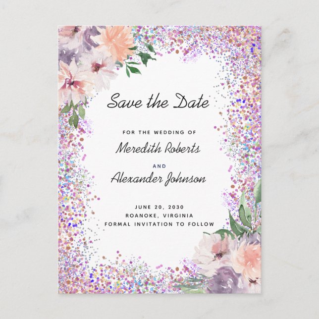 Boho lila aprikos blommig glitter Save the Date-in Meddelande Vykort (Framsida)