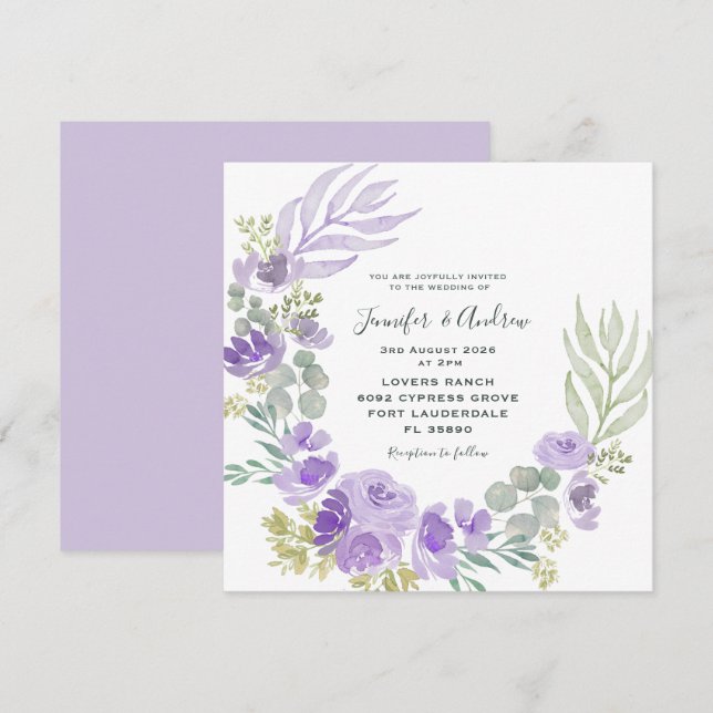 Boho lila blom- och botanisk akvarell inbjudningar (Fram/baksida)