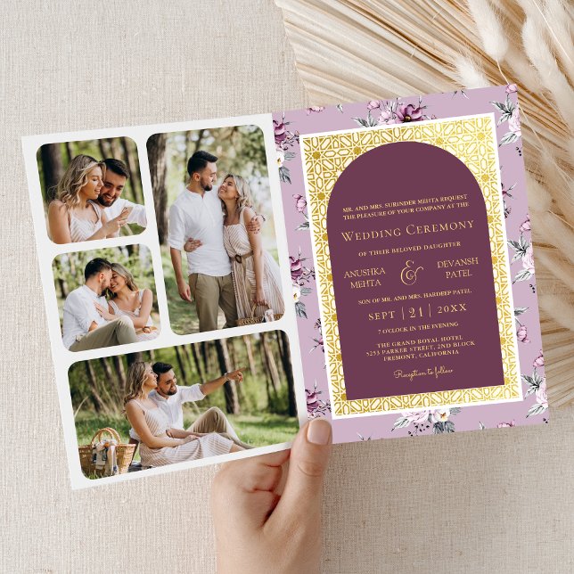 Boho Lila Blommigt Alla i Guld Indiska Bröllop Inbjudan (Skapare uppladdad)