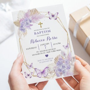 Boho Lila Blommigt Butterfly Baptism-inbjudan Inbjudningar