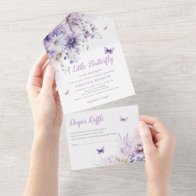 Boho Lila Blommigt Butterfly Girl Baby Shower (Avrivbar del)