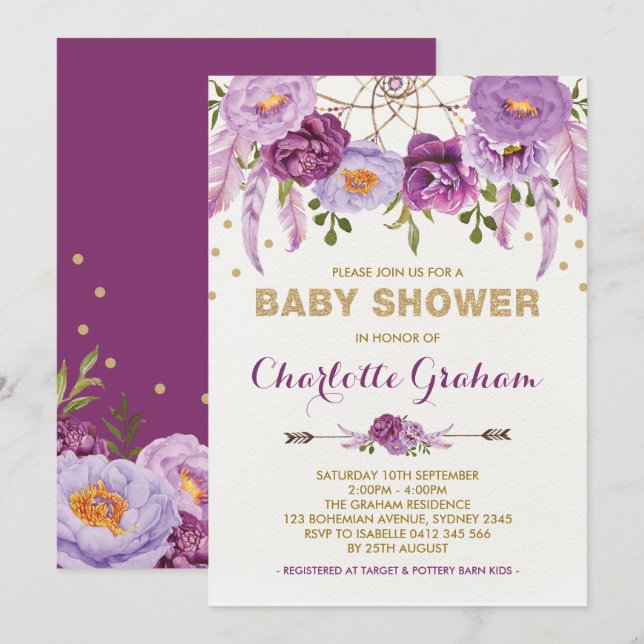 Boho Lila Blommigt Dreamcatcher Baby Shower Inbjudningar (Fram/baksida)