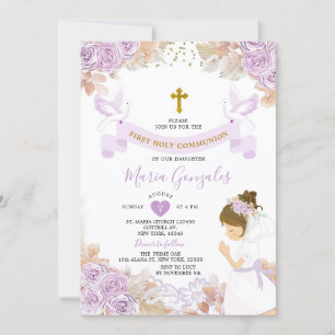 Boho Lila Blommigt Girl First Heliga Communion Inbjudningar