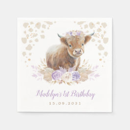 Boho Lila Blommigt Highland Cow Girl 1st Birthday Pappersservett