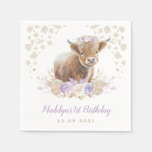Boho Lila Blommigt Highland Cow Girl 1st Birthday Pappersservett
