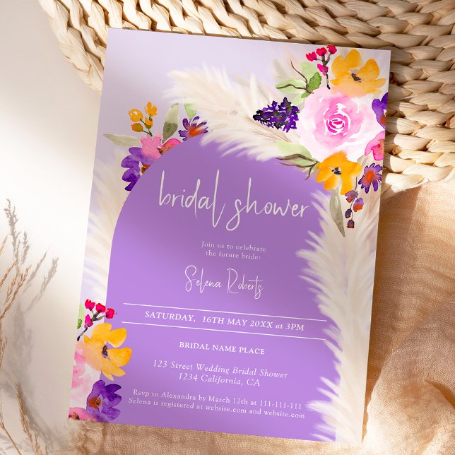 Boho lila blommigt pampas ökenMöhippa Inbjudningar (Boho purple floral pampas desert Bridal shower Invitation)
