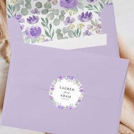 Boho Lila Blommigt Par Namn Bröllop Runt Klistermärke