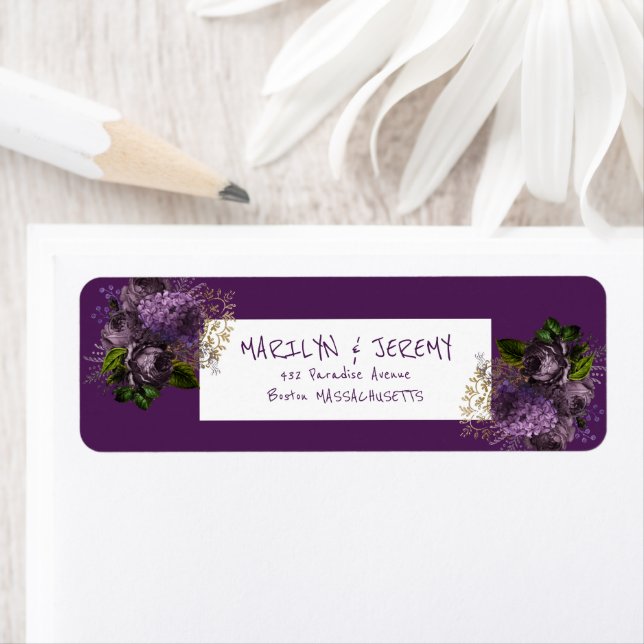 Boho Lila Blommigt Snyggt Bröllop Returadress Etikett (Insitu)