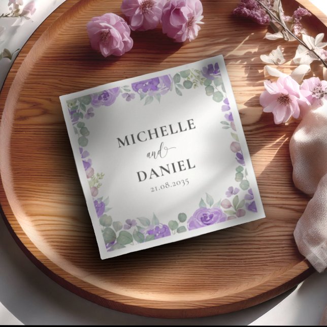 Boho Lila Blommigt Watercolor Bröllop Pappersservett (Skapare uppladdad)