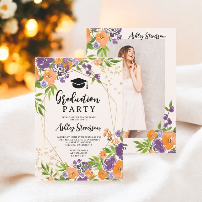 Boho Lila Blommigt Watercolor Studenten Photo Inbjudningar (Boho Purple Floral Watercolor Graduation Photo Invitation)