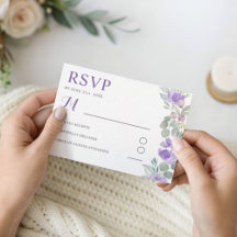 Boho lila blomster eukalyptus bröllop RSVP