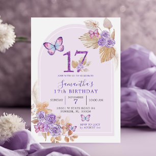 Boho Lila Butterfly Arch 17:e födelsedagen Inbjudningar