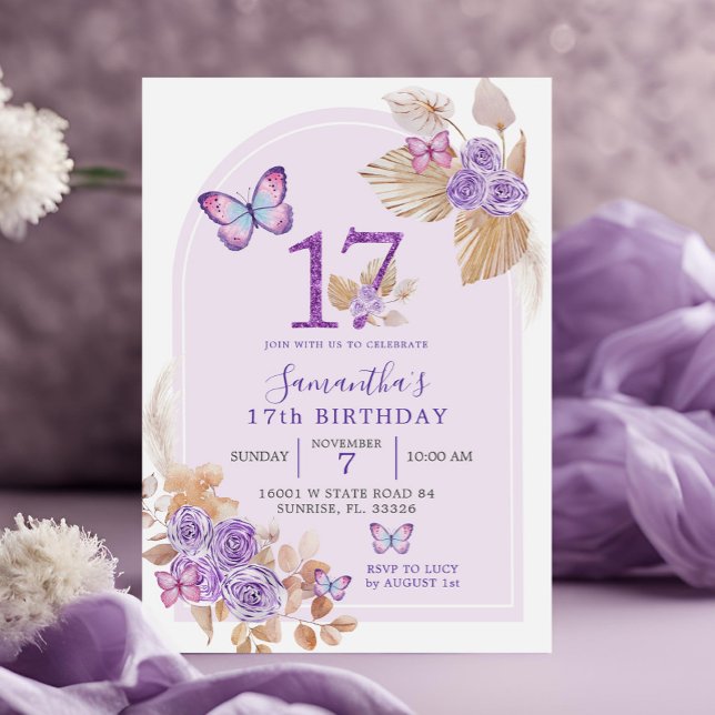 Boho Lila Butterfly Arch 17:e födelsedagen Inbjudningar (Skapare uppladdad)