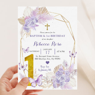 Boho Lila Butterfly Baptism och 1:a födelsedagen Inbjudningar